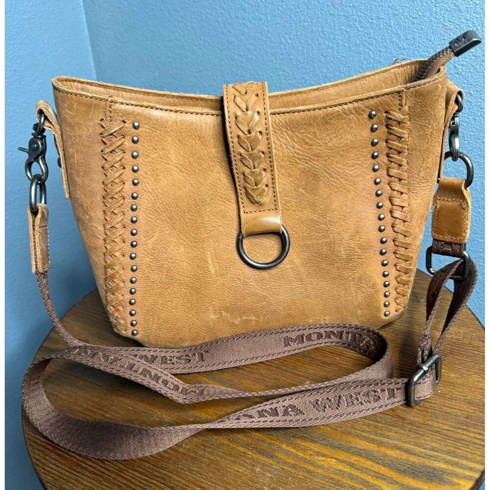 Montana West Conceal Carry Crossbody Bag Tan Western Studded Whipstitch